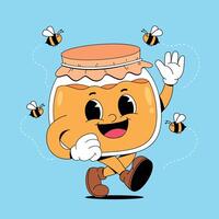 Honey jar running with bees vector