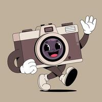 A cartoon camera character running and waving vector