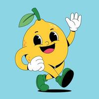 A cartoon lemon character running with his hands up vector