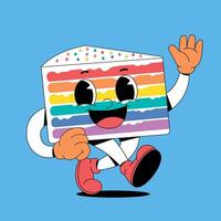 A cartoon cake character running with a rainbow flag vector