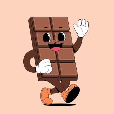 A cartoon chocolate bar character running with his hands up