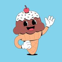 An ice cream cone with a smiley face and a hand waving vector