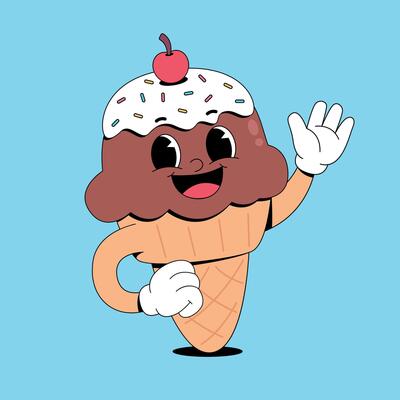 An ice cream cone with a smiley face and a hand waving