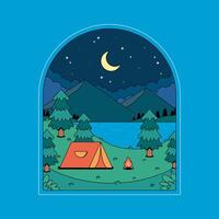 A camp site with trees and a tent in the night vector