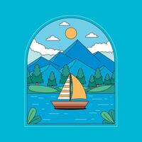 A sailboat in the lake with mountains and trees vector