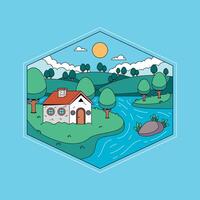 A house and a river in a hexagon vector