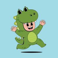 A cartoon green dinosaur running and smiling vector