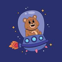A bear sitting in a spaceship with stars vector