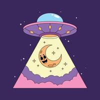 An alien spaceship with a smiling face and moon vector