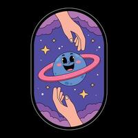 A cartoon planet with two hands holding it up vector
