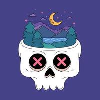 A skull with a mountain and trees in the background vector