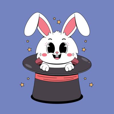 A cartoon rabbit in a magician's hat