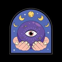 A purple eye with hands holding it in the center of the moon vector