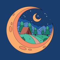 A crescent with a cabin and trees in the night sky vector