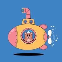 A cartoon bear in a submarine with a blue background vector