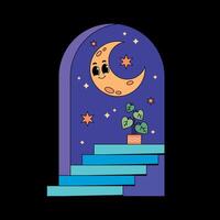 A cartoon moon and stairs with a plant in the middle vector