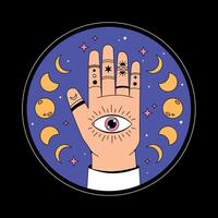 A hand with an eye and moon in the center of it vector