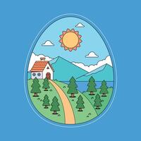 A house in the middle of a field with trees and mountains vector