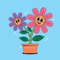 Two flowers with faces in a pot on a blue background vector