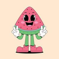 A cartoon watermelon character with two hands up vector