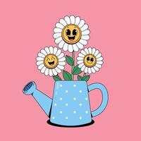 A cartoon watering can with a smiling face and flowers vector