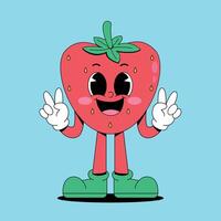A cartoon strawberry character with two hands up vector