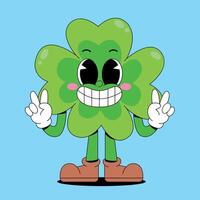 A cartoon green clover character with two fingers up vector