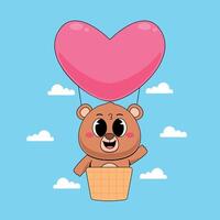 A cartoon bear flying in a basket with a heart shaped balloon vector