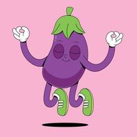 An eggplant character is jumping and holding up two fingers vector