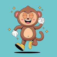Cartoon monkey running with eyes closed and hands up vector