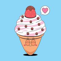 An ice cream cone with a strawberry and chocolate chips vector
