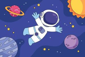 Cartoon astronaut floating in space with planets and stars vector