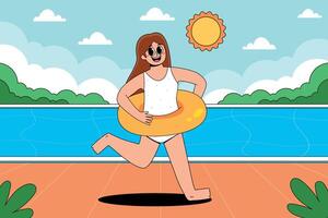 A cartoon woman running in the pool with an inflatable ring vector