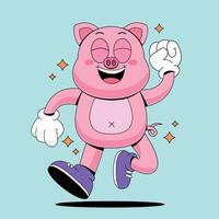 Cartoon pig running with hands up vector