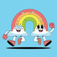 Two cartoon characters running with a rainbow behind them vector
