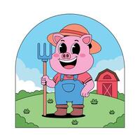 A cartoon pig holding a pitchfork and standing in front of a barn vector