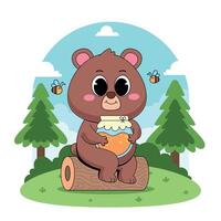 A cartoon bear sitting on a log with a jar of honey vector