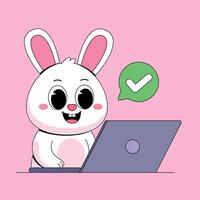 A cartoon rabbit is sitting at a computer with a green tick vector