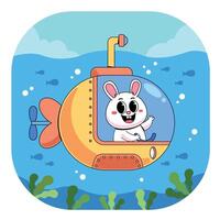 A cartoon rabbit in a submarine with a fish vector