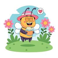 Bee with a jar of honey and flowers vector