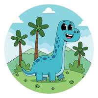 A cartoon dinosaur standing in the grass with palm trees vector