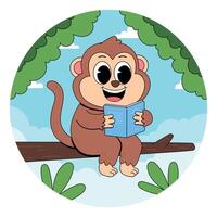 A cartoon monkey sitting on a branch reading a book vector