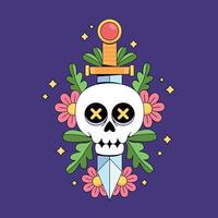 A skull with a sword and flowers on it vector