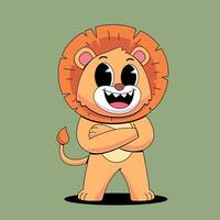 Cartoon lion with arms crossed on a green background vector