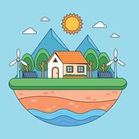 An illustration of a house with wind turbines and solar panels vector