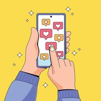 A hand holding a smartphone with social icons on it vector