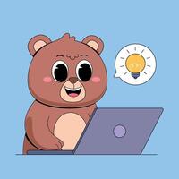 A cartoon bear sitting at a computer with a light bulb above it vector