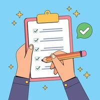 Hand writing checklist on clipboard with pencil and check mark vector