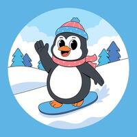 A penguin is riding a snowboard in the snow vector
