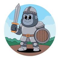 Cartoon gorilla with sword and shield vector